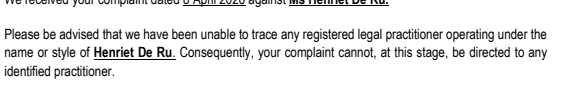 The Legal Practice Council's letter to Sunbird Village homeowners, stating it was 'unable to trace any registered legal practitioner' under the name Henriet De Ru. The Council has since confirmed she is a registered advocate.